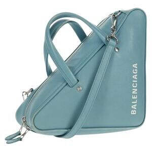 BALENCIAGA Triangle S Hand Bag Leather 2way Light Blue Silver 476975 Auth 161230